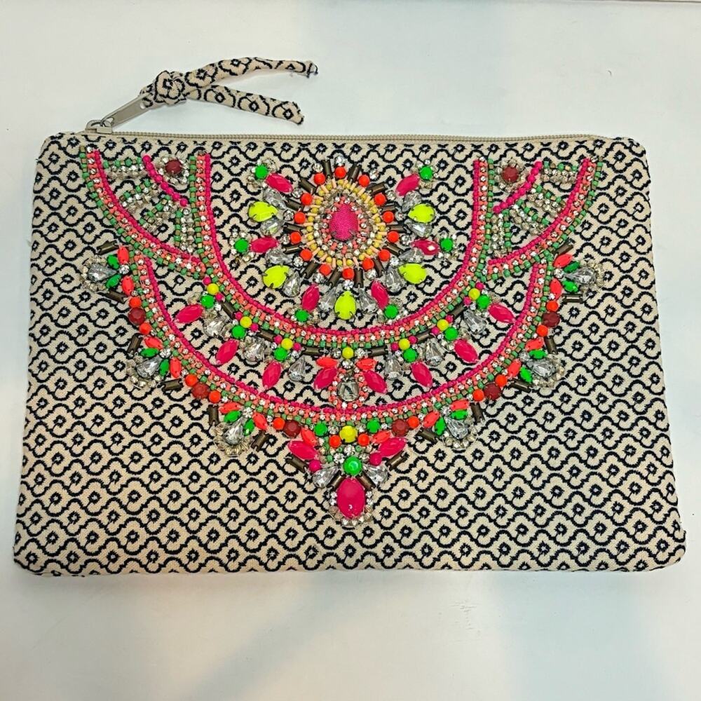 Star Mela Zip Top Embroidered Beaded Rhinestone Embellished Pouch Clutch